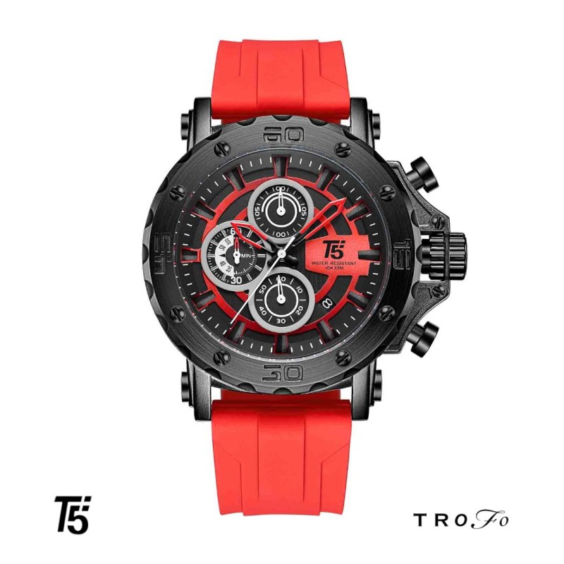 ساعت مچی عقربه ای مردانه تی فایو (T5)  کد H3865 مشکی قرمز