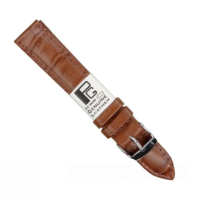 بند ساعت چرم قهوه ای کروکودیلی با دوخت سایز ۱۸ برند PG