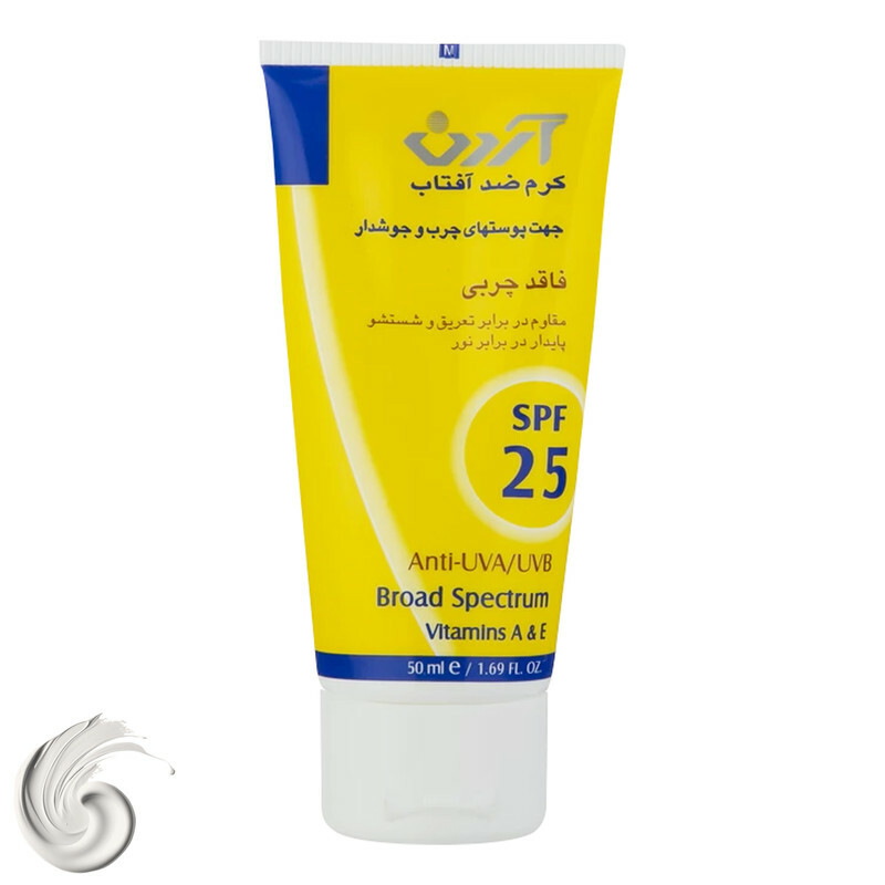 کرم ضدآفتاب بدون رنگ آردن، مدل 25 SPF، مناسب پوست چرب و جوش‌دار و حجم 50 میلی‌لیتر، محافظت کننده در برابر اشعه UVA و UVB، فاقد چربی، مقاوم در برابر آب و تعریق، با ماندگاری 2 ساعته