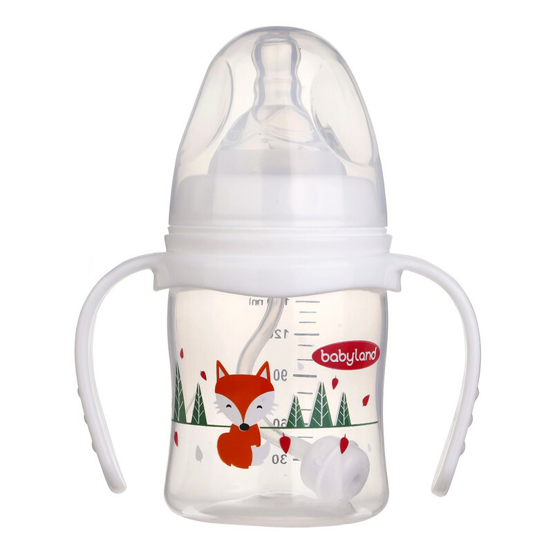 شیشه شیر بیبی لند مدل دهانه عریض فندقی دسته دار کد 05535-pp گنجایش 150 میلی لیتر کد 356