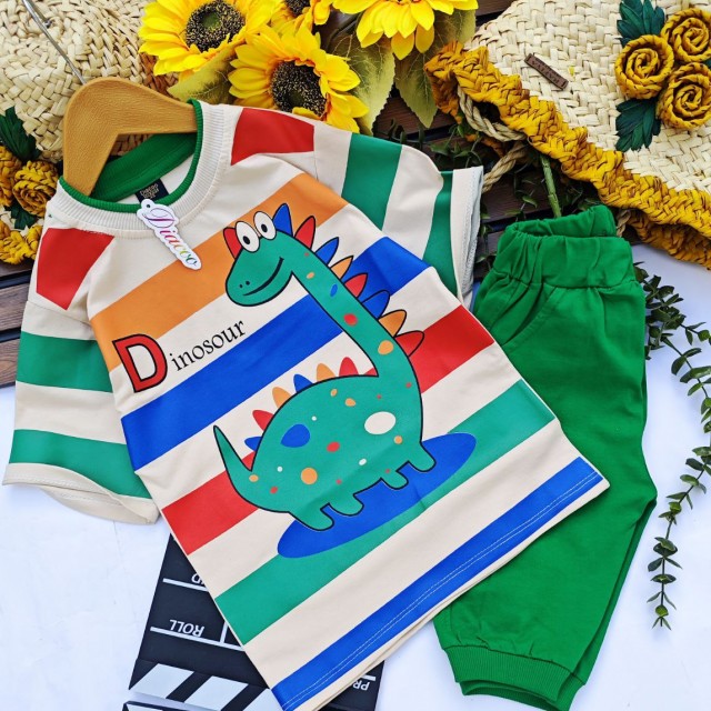 ست بلوز و شلوارک دایناسور راه راه پسرونه مناسب بهار و تابستان