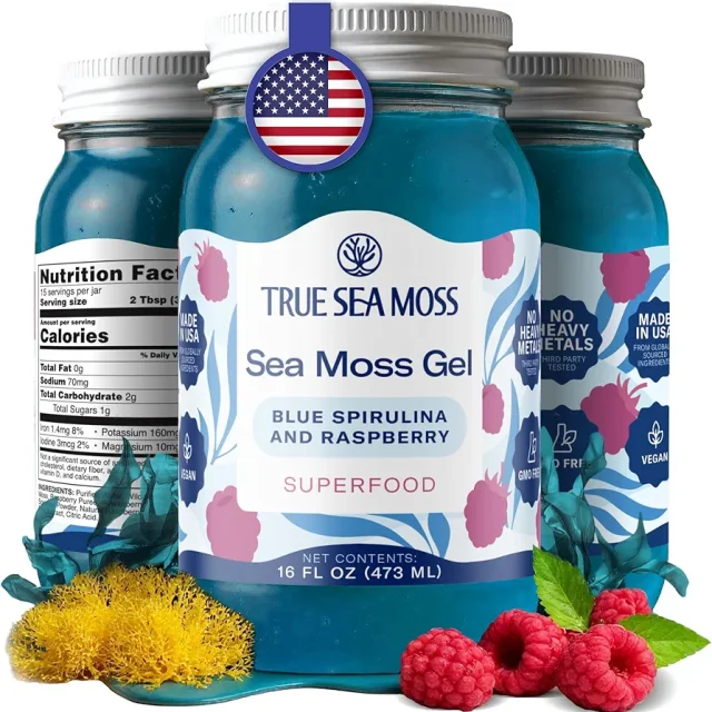 ژل خزه دریایی به همراه اسپیرولینا آبی و رز بری برند true sea moss ساخت آمریکا 473 میلی گرم