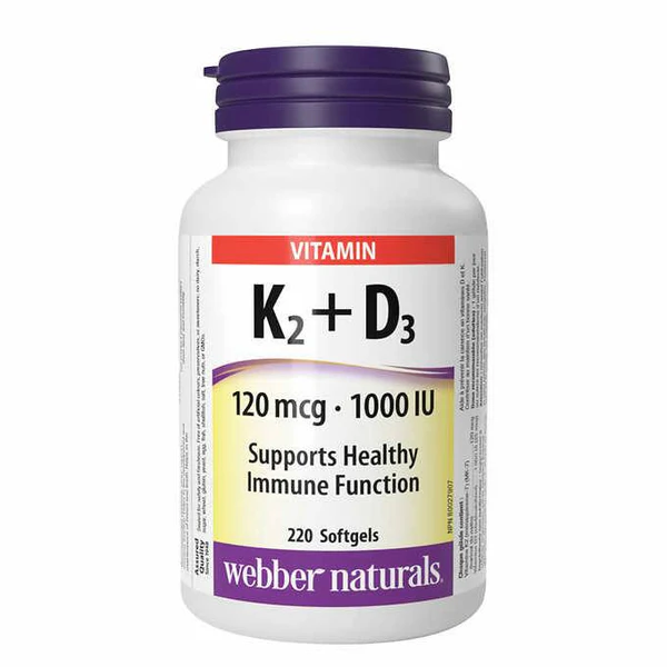 ویتامین k2 + D3 برند وبرنچرالز 220 عددی ساخت کانادا  Webber Naturals Vitamin K2 + D3 120 mcg / 1000 IU – 220 Softgels