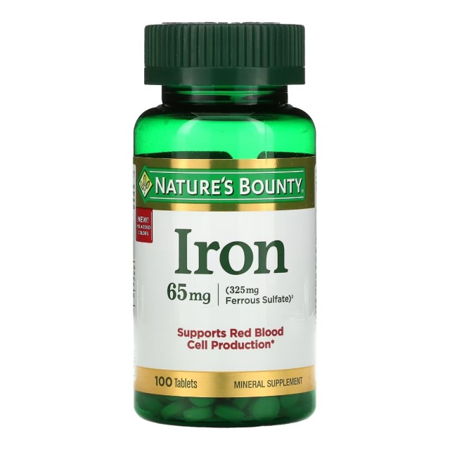 مکمل آهن ۶۵ میلی گرم نیچر بونتی ۱۰۰ عددی ساخت آمریکا Nature’s Bounty Iron 65mg, 325 mg Ferrous Sulfate, Cellular Energy Support, Promotes Normal Red Blood Cell Production, 100 Tablets