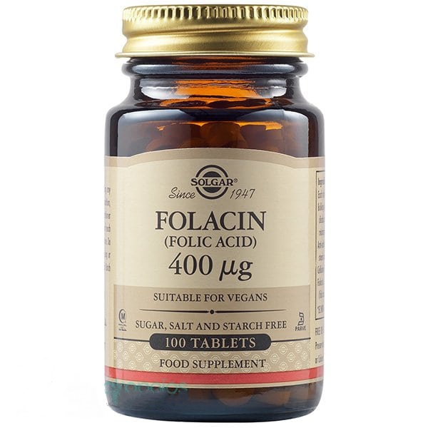 مکمل فولاسین (اسید فولیک) 400 میلی گرم برند سولگار ساخت آمریکا 100 عددی Solgar Folacin (Folic Acid) 400μg, 100tabs