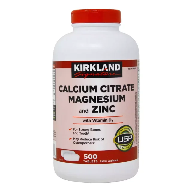 مکمل کلسیم منیزیم+ زینک و D3 برند کرکلند 500 عددی Kirkland Signature Calcium Citrate Magnesium and Zinc - 500 Tablets