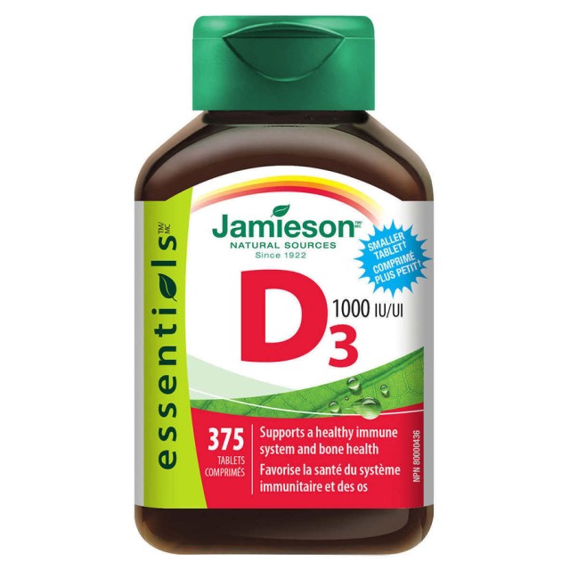 ویتامین D3 دوز ۱۰۰۰ برند جیمیسون 375 عددی ساخت کانادا Jamieson Vitamin D3 1000Iu Tablets
