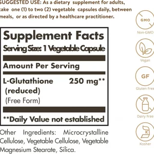 کپسول گلوتاتیون برند سولگار 60 عددی ساخت آمریکا REDUCED L-GLUTATHIONE 250 MG SOLGAR