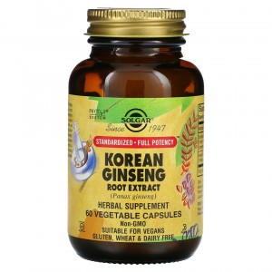 عصاره ریشه جنسینگ کرهای برند سولگار 60 عددی ساخت آمریکا Solgar, Korean Ginseng Root Extract, 60 Vegetable Capsules