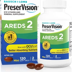 مکمل ویتامین‌های چشمی برند PreserVision AREDS 2 برند شماره ۱ توصیه شده توسط چشم پزشکان  مکمل لوتئین و زاکسانتین حاوی ویتامین C، ویتامین E، روی و مس 120 سافت ژل ساخت آمریکا