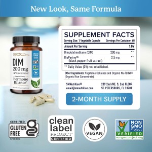 مکمل DM200mg + بیوپرین برند sm nutrition ساخت آمریکا 60 عددی SMNutrition DIM + BioPerine 200 mg 60 Capsules