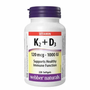 ویتامین k2 + D3 برند وبرنچرالز 220 عددی ساخت کانادا  Webber Naturals Vitamin K2 + D3 120 mcg / 1000 IU – 220 Softgels