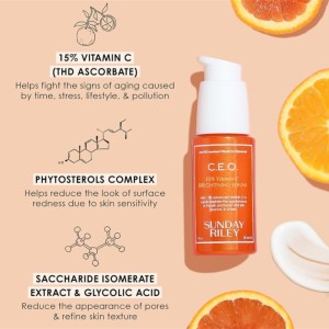 سرم ویتامین سی ضد لک و روشن کننده پوست برند ساندی ریلی 15 و 30 میل ساخت آمریکا C.E.O.15%VITAMIN C BRIGHTENING SERUM SUNDAY RILEY With 15%advanced vitamin c to rapidly brighten the appearance of the skin and boost vital skin bounce