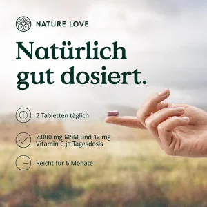 مکمل MSM دوز 2000 میلی گرم + ویتامین C برند nature love کاملا گیاهی  365 عددی ساخت آلمان