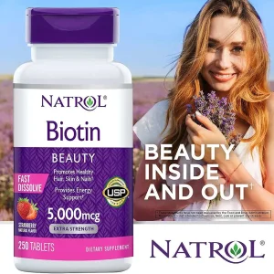 بیوتین 5000 میلی گرم برند ناترول 250 عددی ساخت آمریکا NATROL Biotin Beauty Fast Dissolve Tablets - 5,000mcg