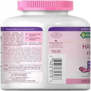 مکمل تقویت کننده پوست و مو و ناخن نیچرز بونتی 250 عددی ساخت آمریکا. Nature's Bounty Optimal Solutions Extra Strength Hair, Skin and Nails Softgels with Biotin