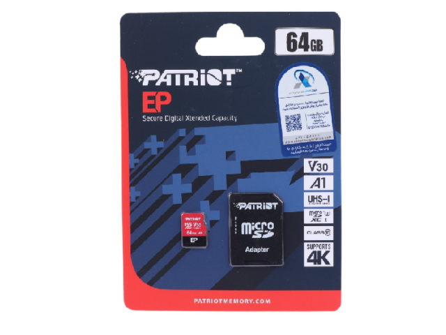 رم میکرو 64 گیگ پاتریوت Patriot EP A1 V30 U3 C10 90MB/s + خشاب