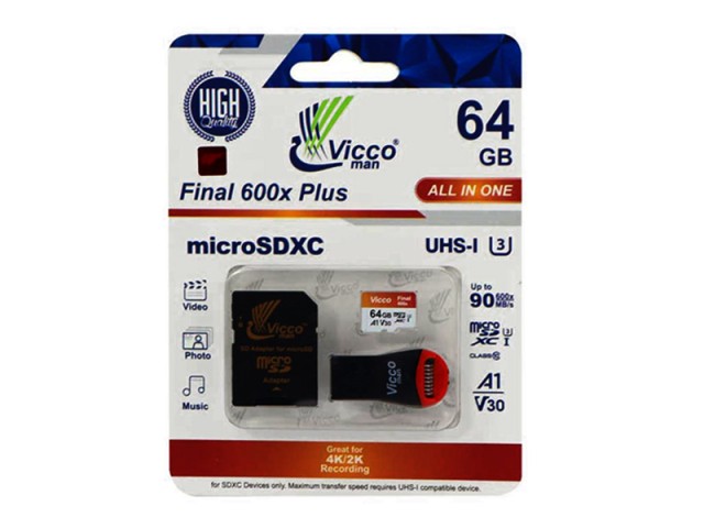 مموری میکرو 64GB ویکو Vicco مدل A1-V30 All in one کلاس 10 استاندارد UHS-I U3 به همراه رم ریدر و آداپتور