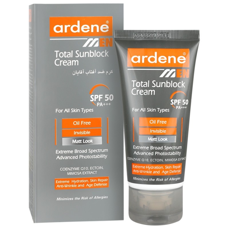 کرم ضد آفتاب بدون رنگ آردن SPF50 مدل Total Sun Block محافظ UVA ،UVB و +++PA، ضد چروک، ضد پیری، ضد آب، ضد حساسیت مناسب انواع پوست وزن 50 گرم