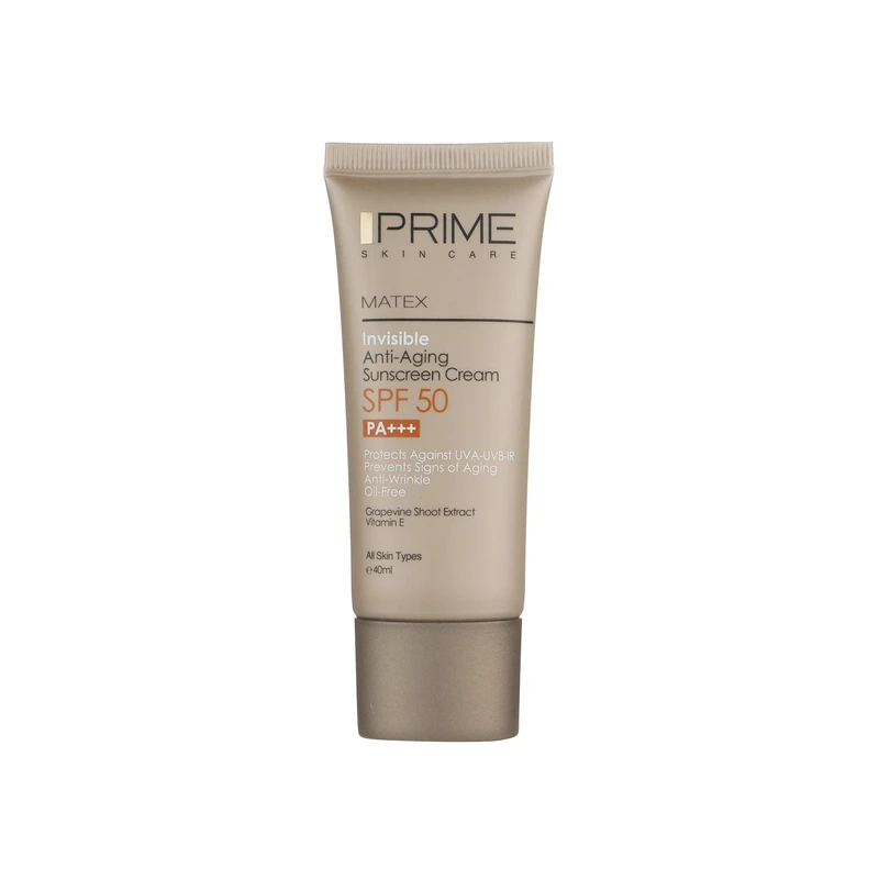 کرم ضد آفتاب بدون رنگ پرایم SPF50 مدل Matex Colorless محافظ UVA ،UVB و +++PA ضد چروک، ضد پیری، مناسب انواع پوست حجم 40 میلیلیتر