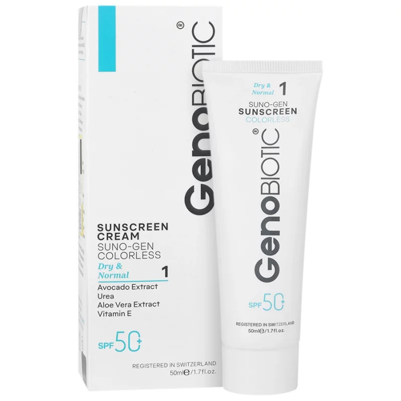 کرم ضد آفتاب بدون رنگ ژنوبایوتیک SPF 50 مدل 388 مناسب پوستهای خشک و معمولی حجم 50 میلیلیتر