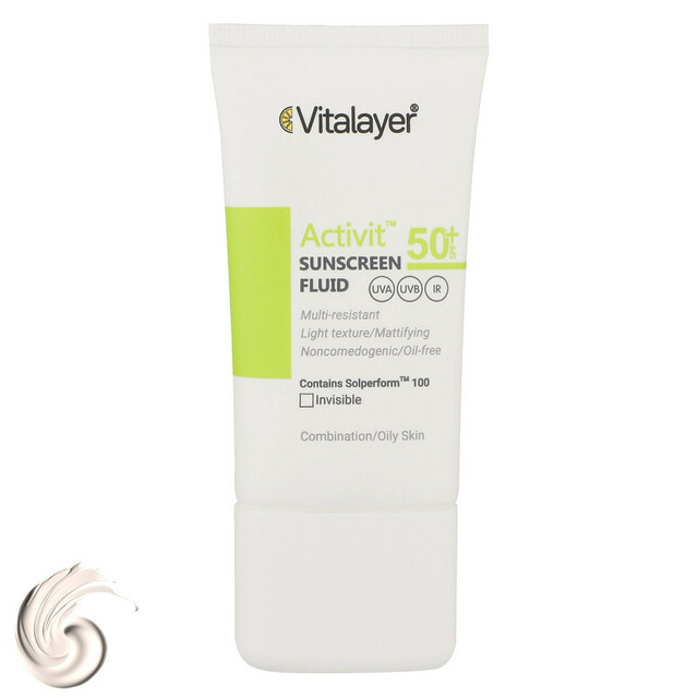 فلوئید ضدآفتاب بی‌رنگ ویتالیر SPF50 مدل Activit، مناسب پوست‌های مختلط و چرب، حجم 50 میلی‌لیتر