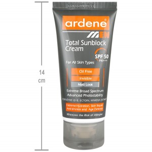 کرم ضد آفتاب بدون رنگ آردن SPF50 مدل Total Sun Block محافظ UVA ،UVB و +++PA، ضد چروک، ضد پیری، ضد آب، ضد حساسیت مناسب انواع پوست وزن 50 گرم