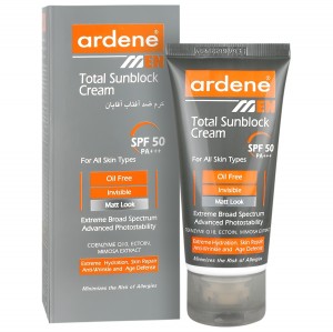کرم ضد آفتاب بدون رنگ آردن SPF50 مدل Total Sun Block محافظ UVA ،UVB و +++PA، ضد چروک، ضد پیری، ضد آب، ضد حساسیت مناسب انواع پوست وزن 50 گرم