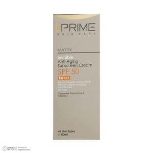 کرم ضد آفتاب و ضد چروک بی رنگ پرایم مدل Matex Colorless SPF50 مناسب انواع پوست حجم 40 میلی لیتر