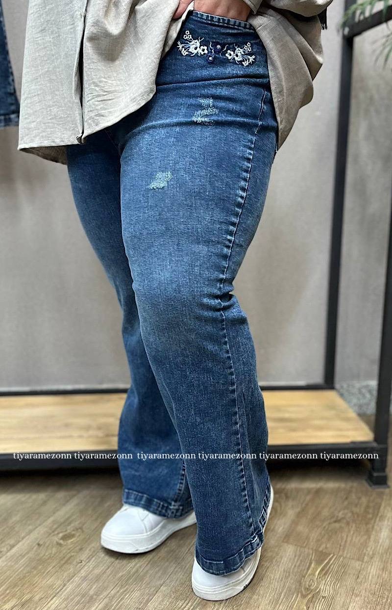 شلوار جین سایزبزرگ دمپا گل سفید کد 211