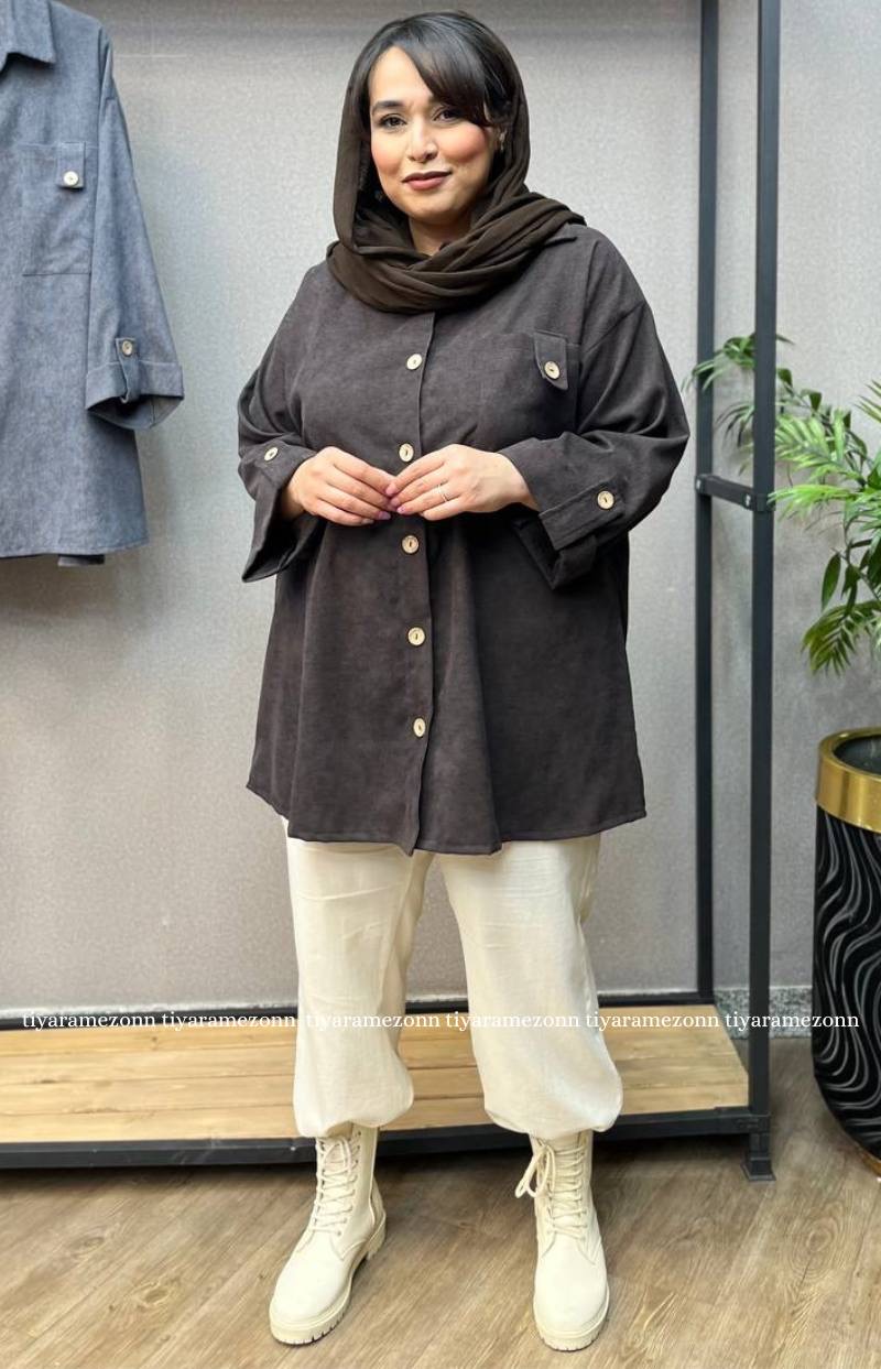 شومیز مانتویی سایزبزرگ مدل مخمل کبریتی کد 308