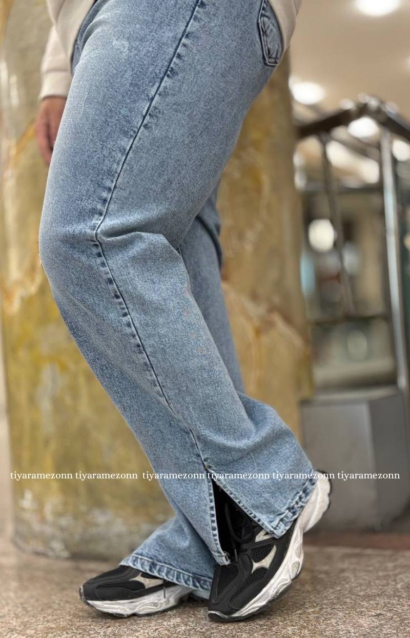 شلوار جین نیم بگ سایزبزرگ  مدل بغل چاک آبی کد 396