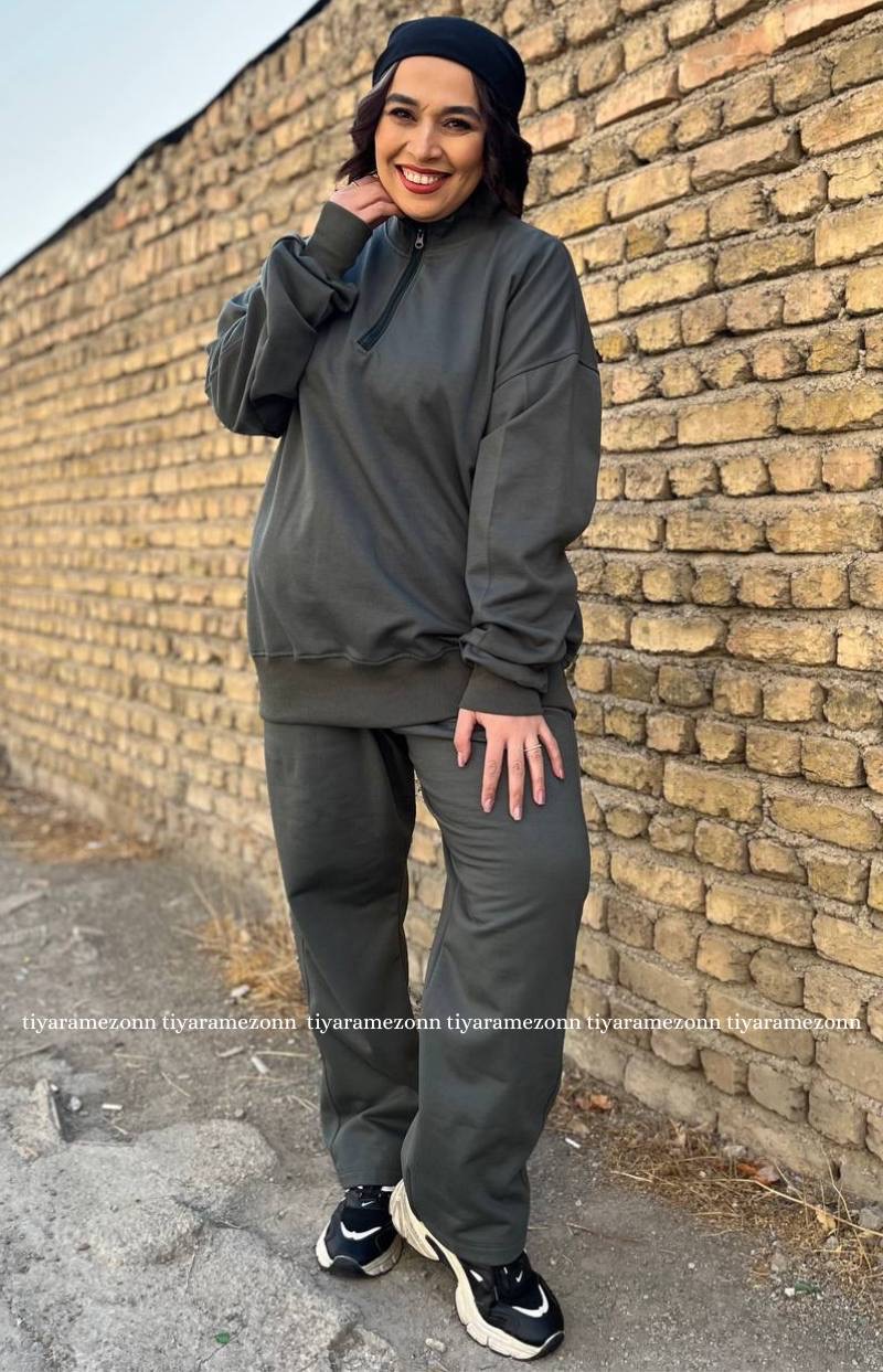 ست هودی و شلوار سایزبزرگ مدل نیم زیپ کد 364