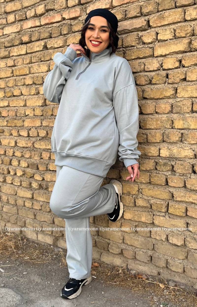 ست هودی و شلوار سایزبزرگ مدل نیم زیپ کد 364
