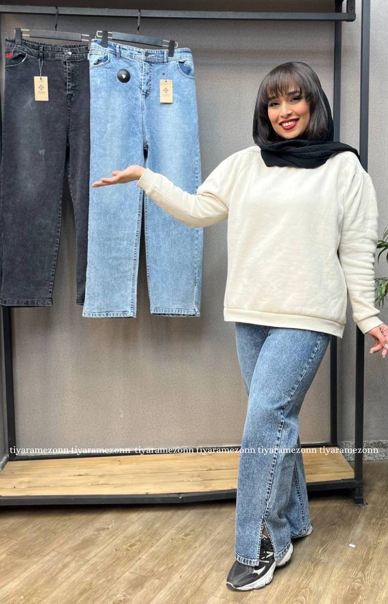 شلوار جین نیم بگ سایزبزرگ  مدل بغل چاک آبی کد 396