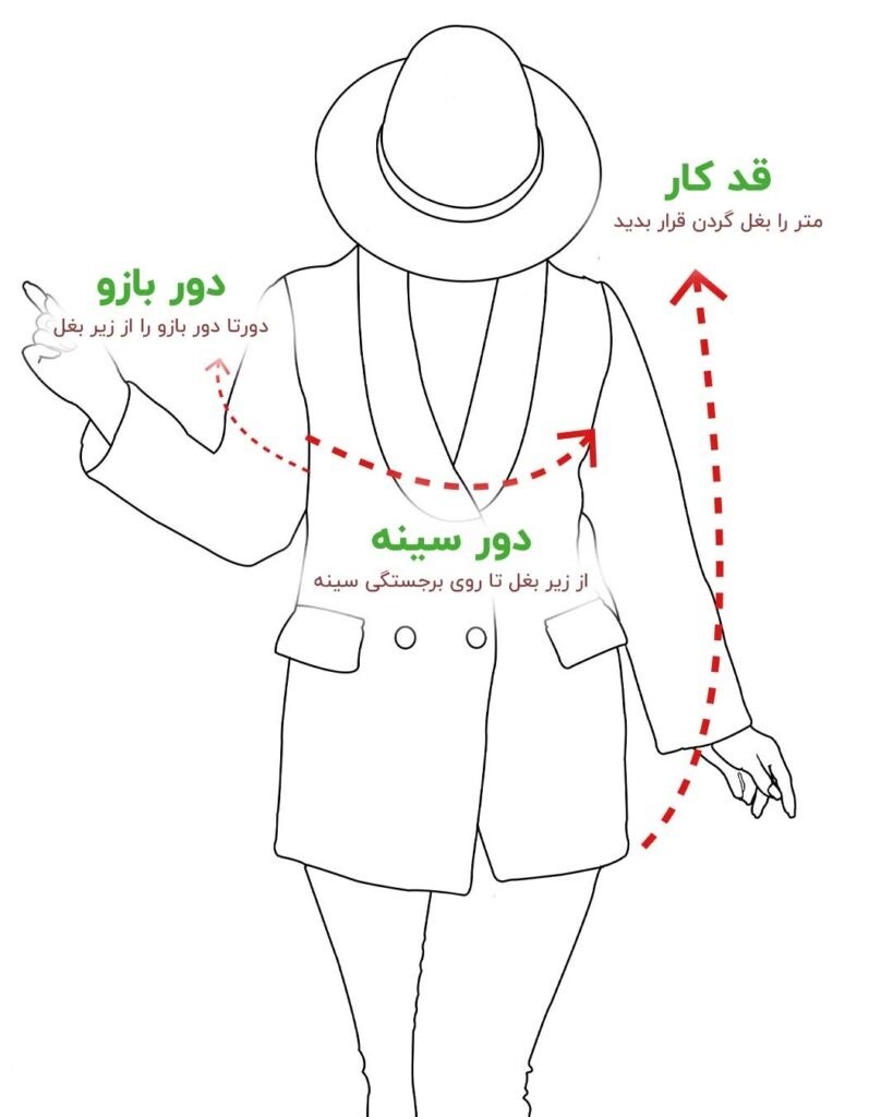 نحوه اندازه گیری قد، دور سینه و دور بازو برای دوختن یک مانتو