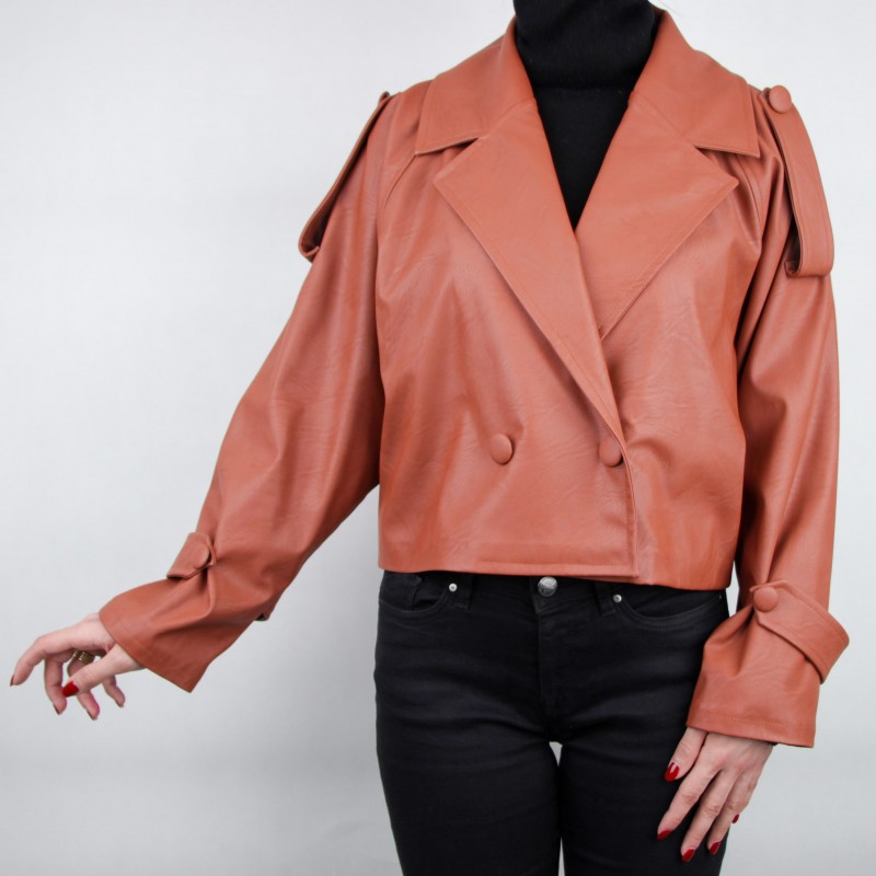 کت پاییزه زنانه چرم ساده یقه انگلیسی