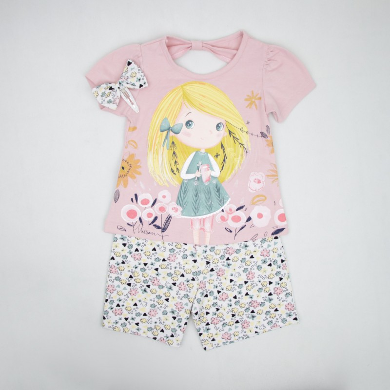 ست دخترانه تیشرت شلوار طرح دختر مداد به دست