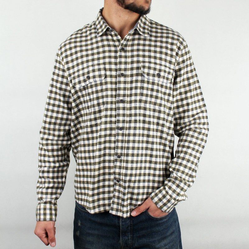 پیراهن مردانه چهار خانه دو جیب سفید سبز  LP