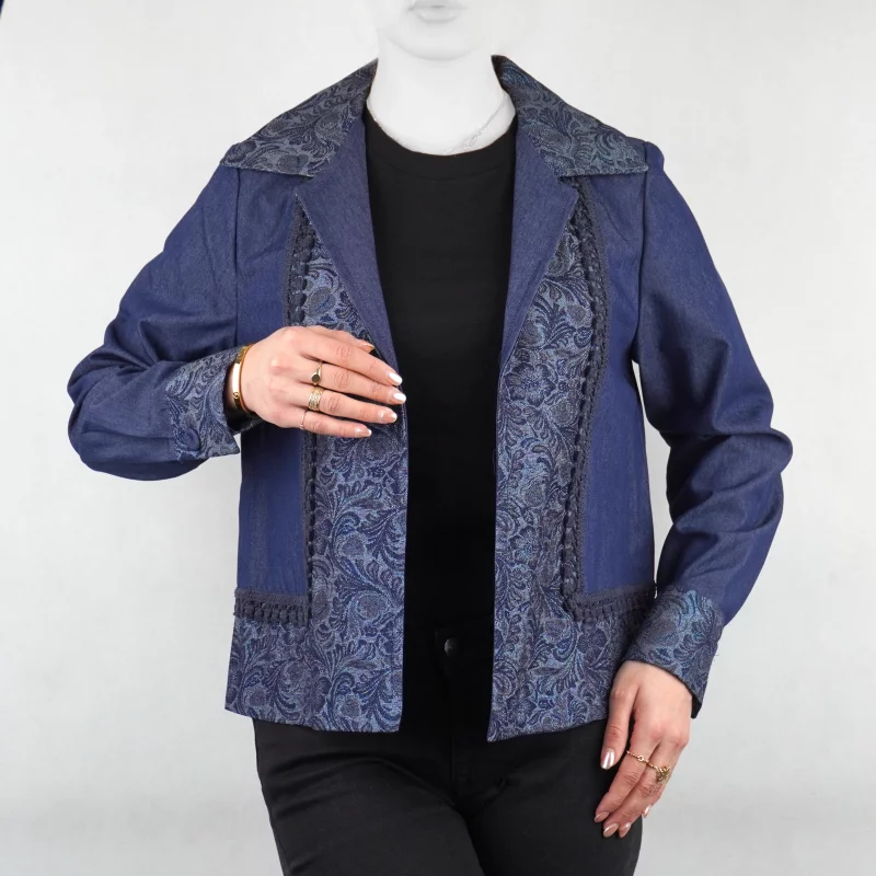 کت زنانه تنسل آستین دکمه دار طرح گل سرمه ای