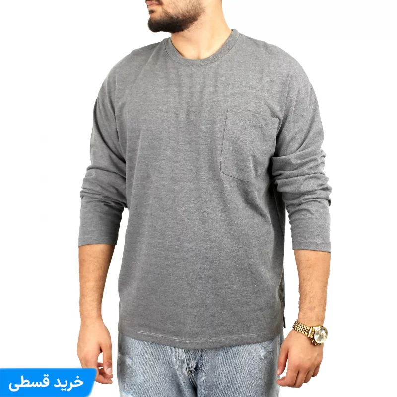 بلوز  مردانه یقه گرد سایز بزرگ ساده جیب دار