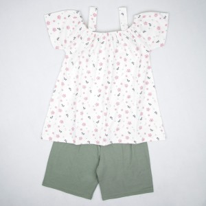 ست دخترانه تیشرت شلوار طرح گل و برگ