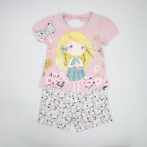 ست دخترانه تیشرت شلوار طرح دختر مداد به دست