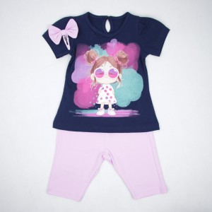 ست دخترانه تیشرت شلوار طرح دختر خندان عینکی