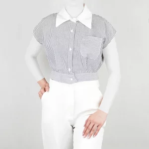 کراپ تاپ زنانه راه راه یقه انگلیسی جلو دکمه دار