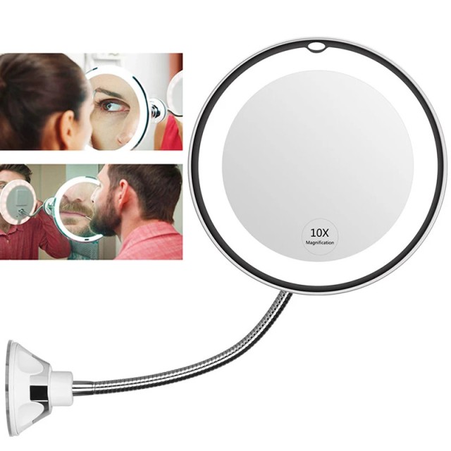 آینه روشویی و آرایشی منعطف با قابلیت چرخش 360 درجه همراه با بزرگنمایی 10 برابر و نور LED