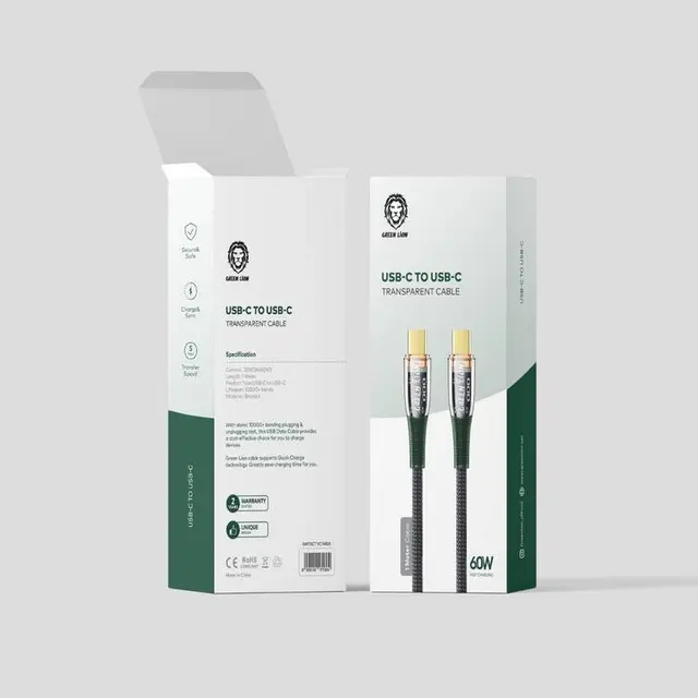 کابل شارژ تایپ سی به تایپ سی 60W گرین مدل Green Lion USB-C to USB-C Transparent Cable