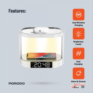 خرید چراغ خواب پرودو با شارژر بی سیم و ساعت دیجیتال  Porodo Bedside Lamp with Wireless Charger and Digital Clock