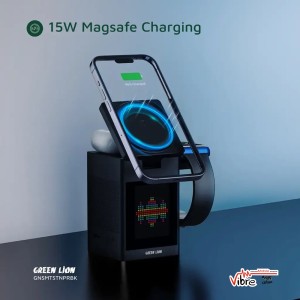استند شارژر بی‌سیم گرین لاین با صفحه نمایش LCD و بلندگو مدل Green Lion Smart Station Pro LCD Wireless Charger with Speaker