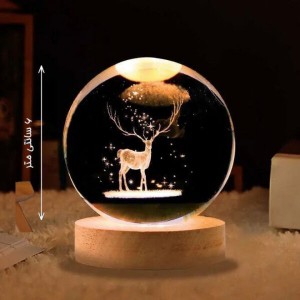 چراغ خواب گوی شیشه‌ای طرح گوزن | نور آفتابی با ۶ LED و رابط USB